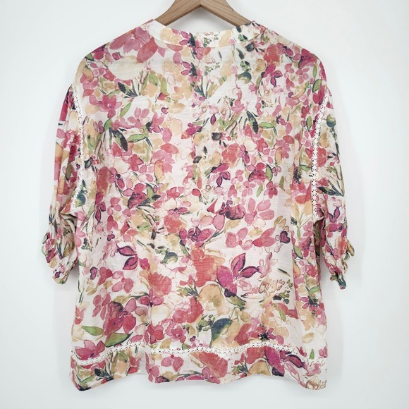 Pink‎ Floral Watercolor Blouse Top Large Lace Cottage Boho Indie Garden Bloom - Picture 7 of 9